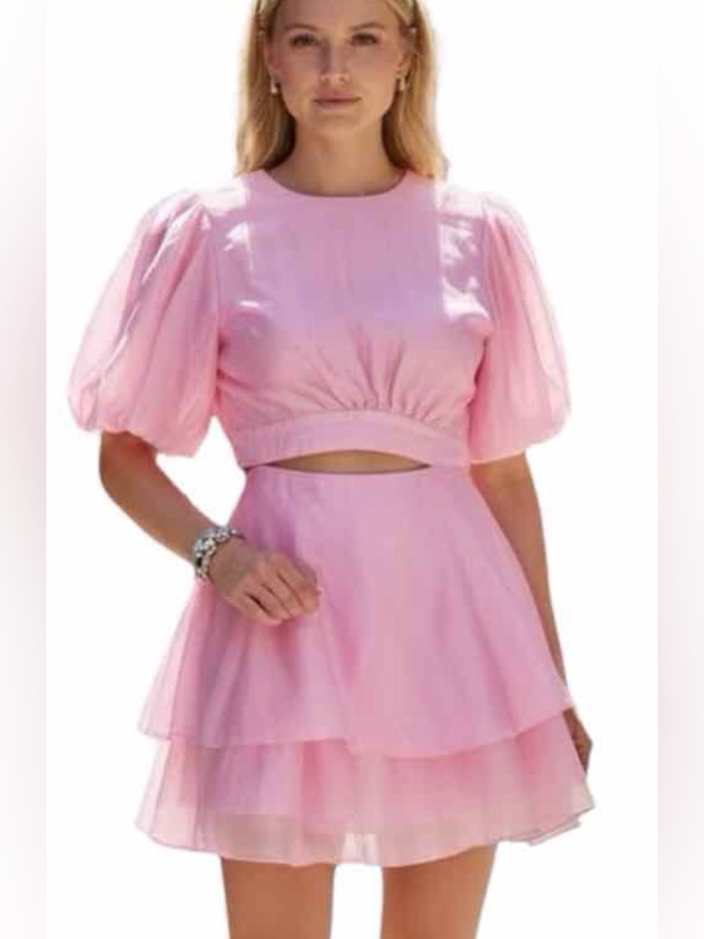 Bardot Pink Puff Sleeve Layered Mini Dress with Cutout
